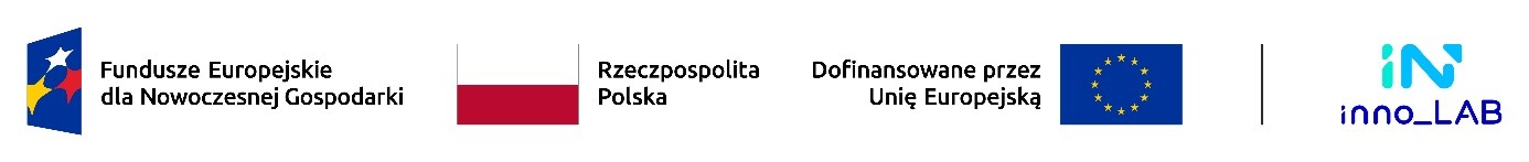 Pasek logotypów: Fundusze Europejskie dla Nowoczesnej Gospodarki, Rzeczpospolita Polska, Dofinansowane przez Unię Europejską, Inno_LAB